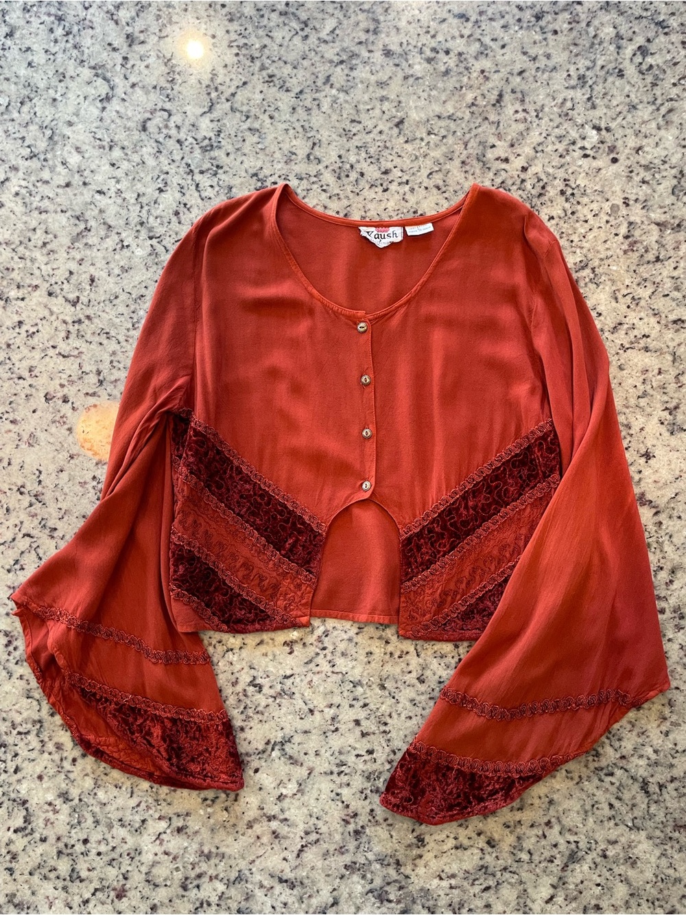 Unique Rust Lace and velvet Trim Button Front Crop Top L